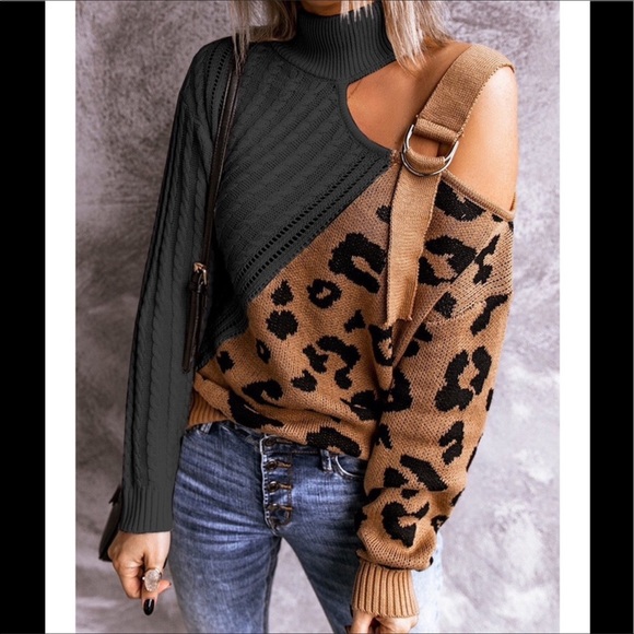 Private Label Sweaters - 🌟Last One! #51 Black/Leopard Asymmetrical Cold Shoulder Buckle Sweater *
